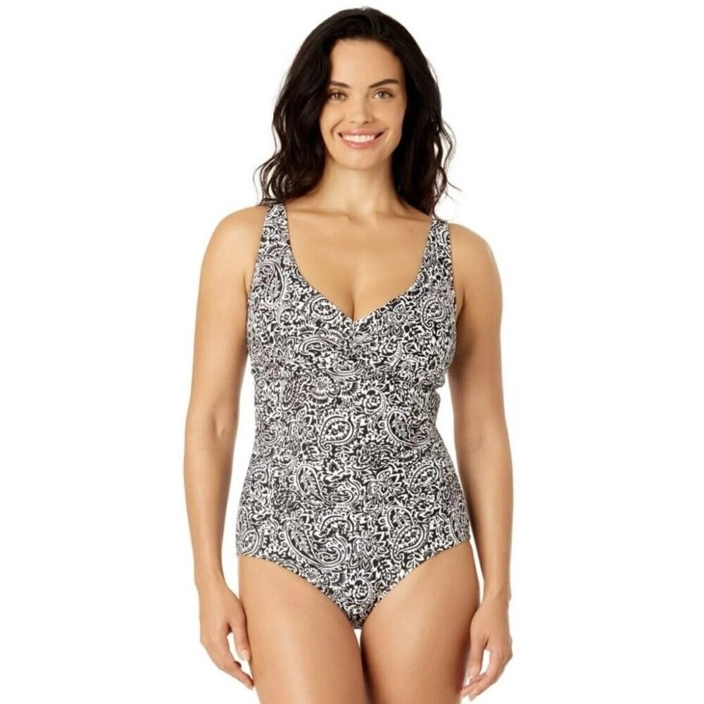 Lands' End Women's L One Piece Swimsuit Black & White Paisley Print  N0213